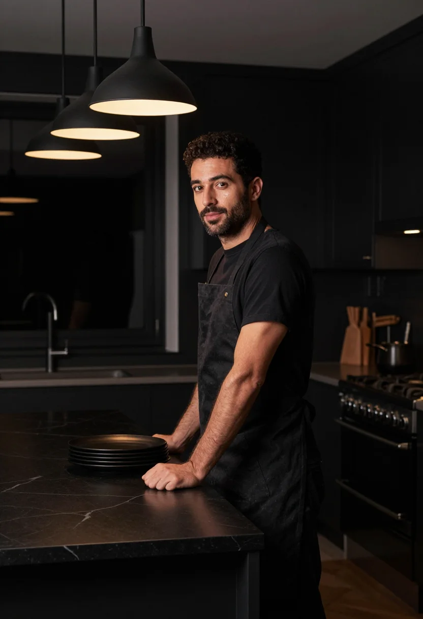 AI chef at home black apron sample — portrait of a man, framed chest-up, cropped at the ribs, the