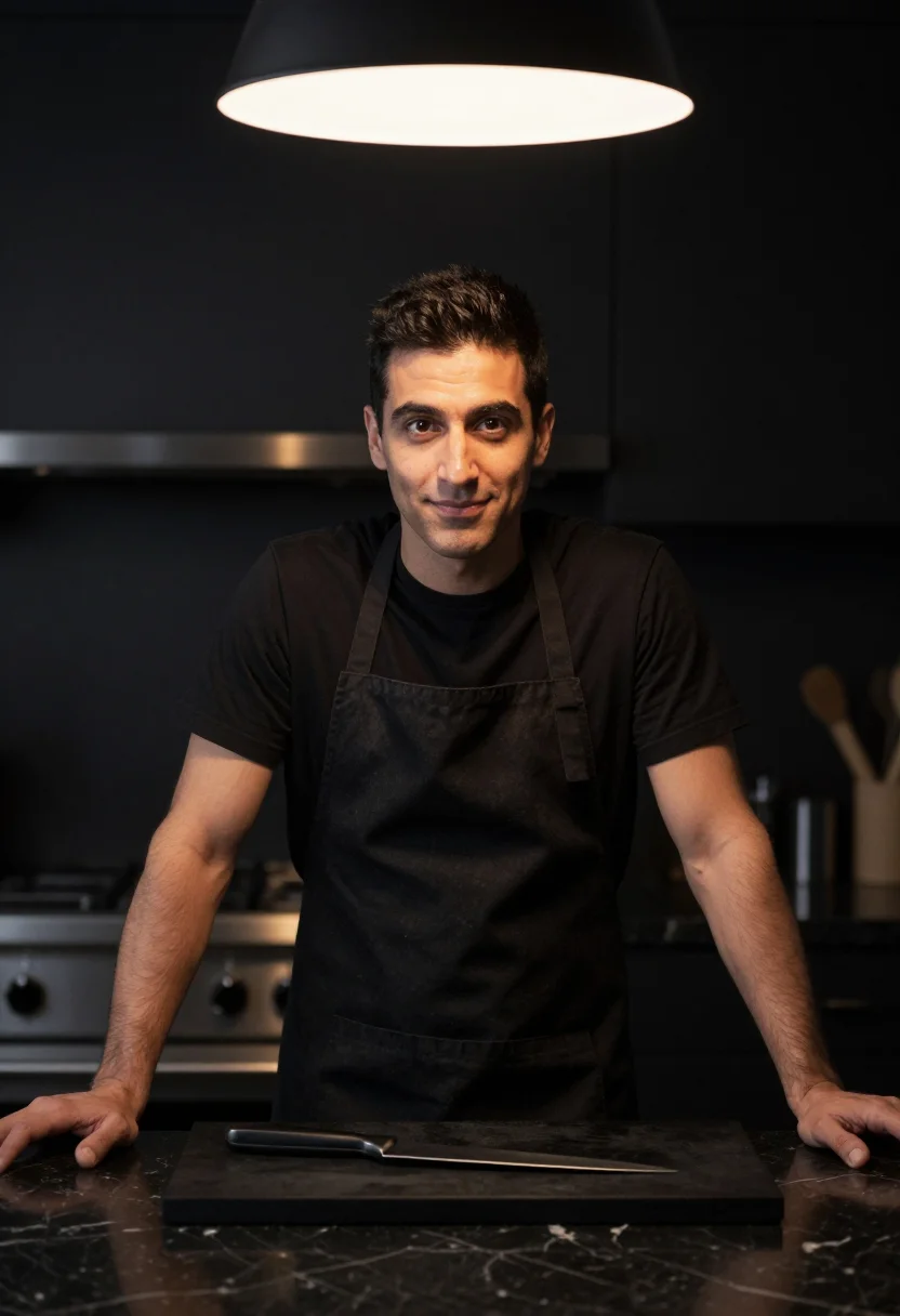 AI chef at home black apron sample — portrait of a man, framed tight, head and shoulders, the bod