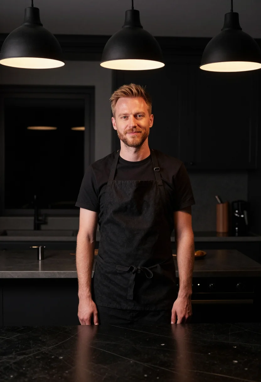 AI chef at home black apron sample — portrait of a man, framed tight, head and shoulders, the bod