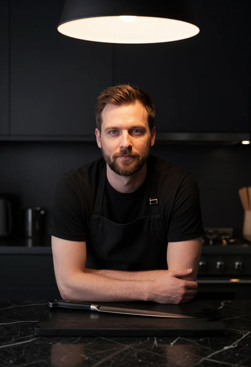 AI chef at home black apron sample — portrait of a man, framed chest-up, cropped at the ribs, the