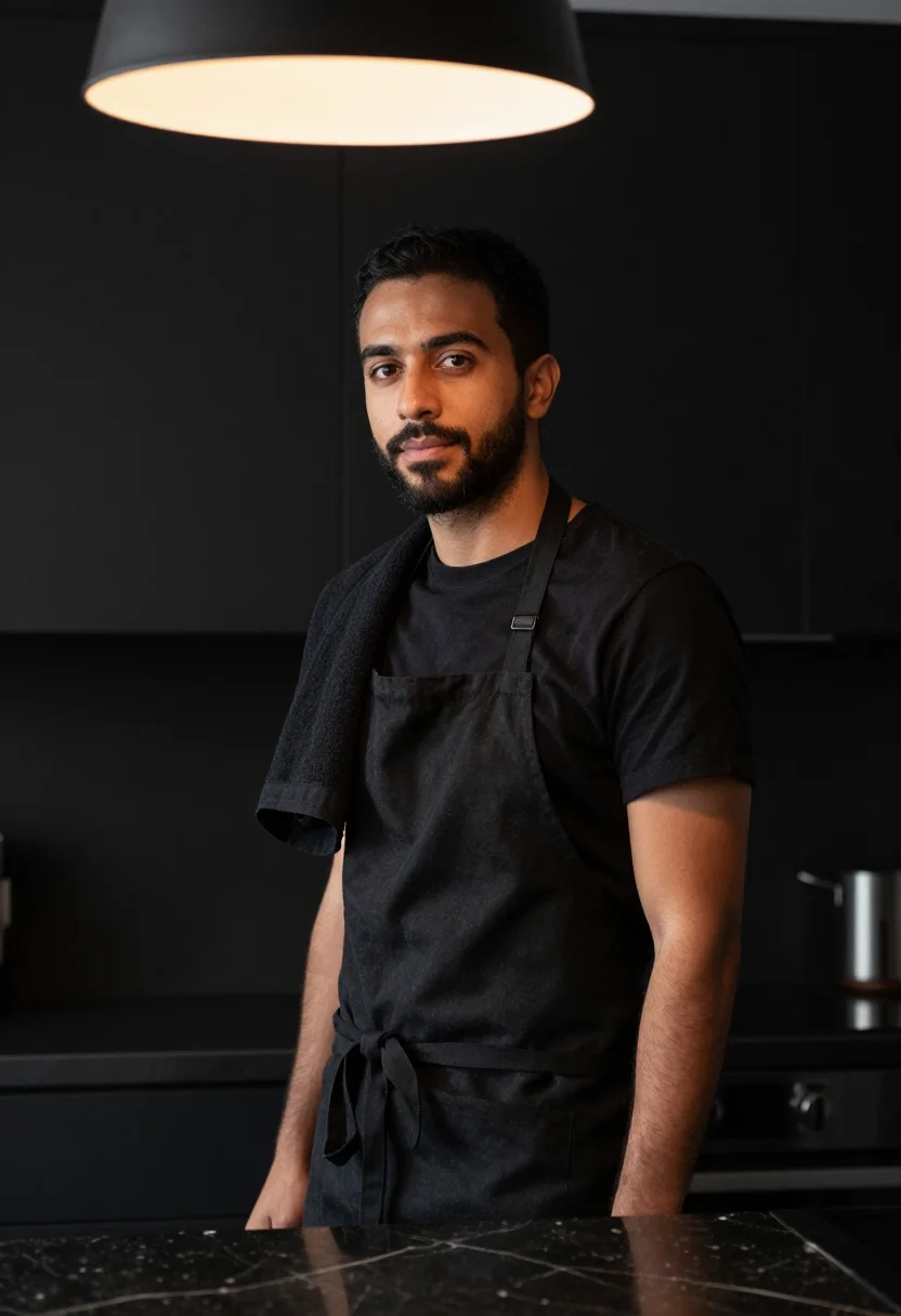 AI chef at home black apron sample — portrait of a man, framed chest-up, cropped at the ribs, the