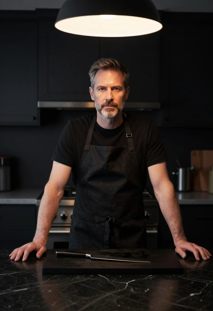 AI chef at home black apron sample — portrait of a man, framed half-length from the head to the h