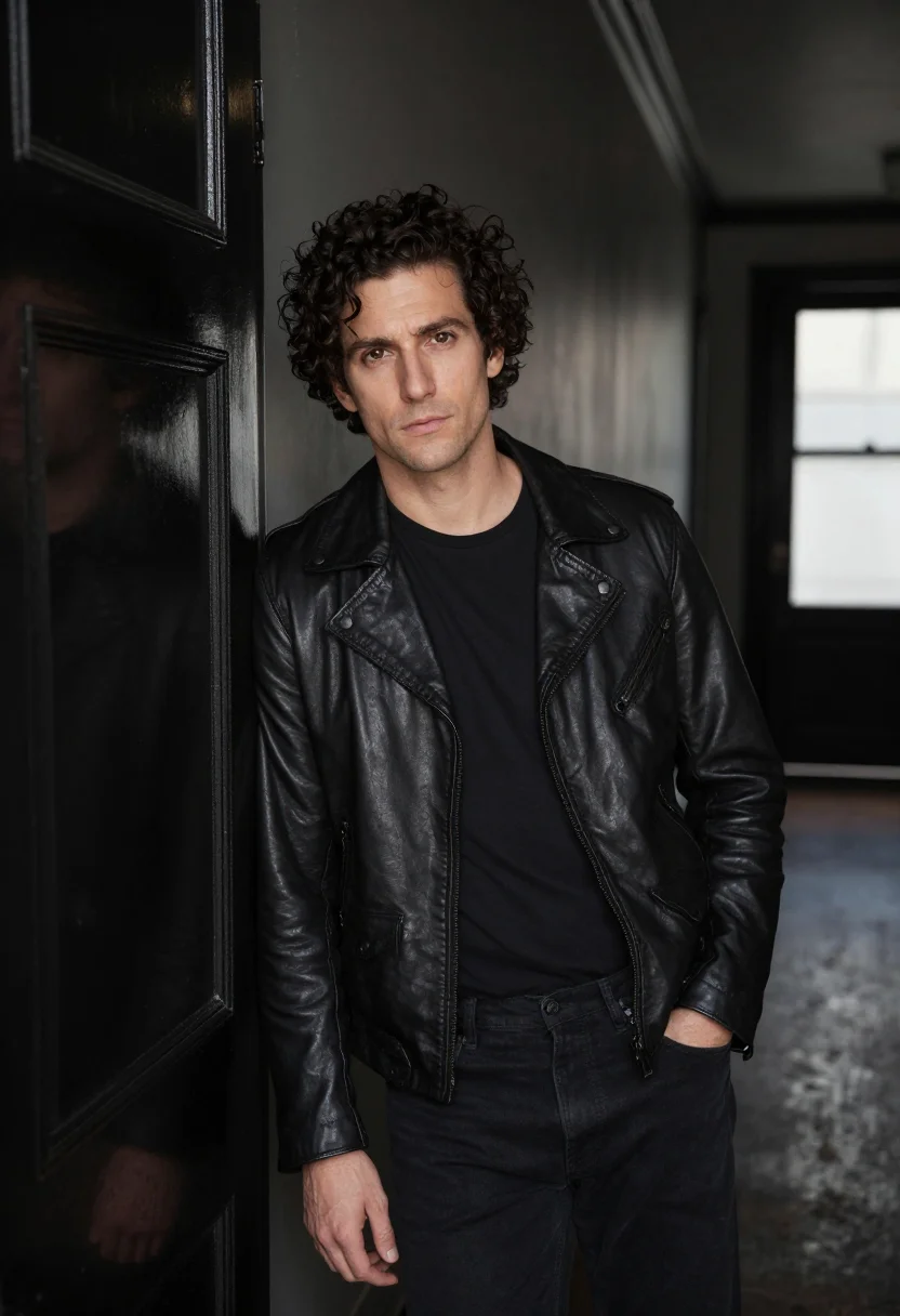 AI chelsea hotel november leather black sample — portrait of a man, framed half-length from the head to the h
