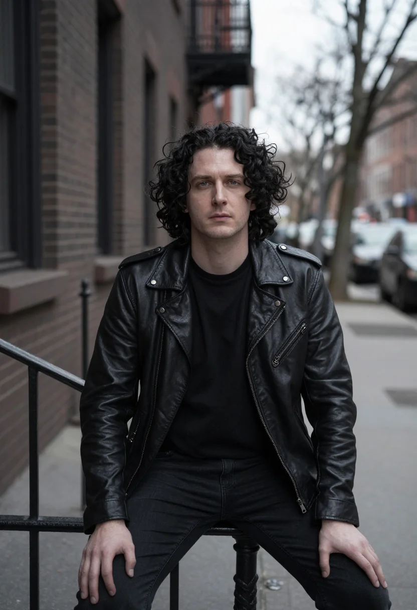 AI chelsea hotel november leather black sample — portrait of a man, framed half-length from the head to the h