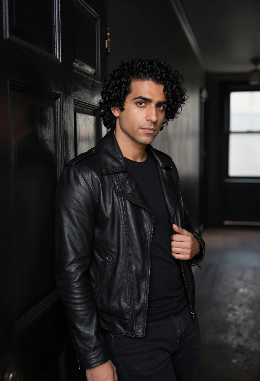 AI chelsea hotel november leather black sample — portrait of a man, framed chest-up, cropped at the ribs, the