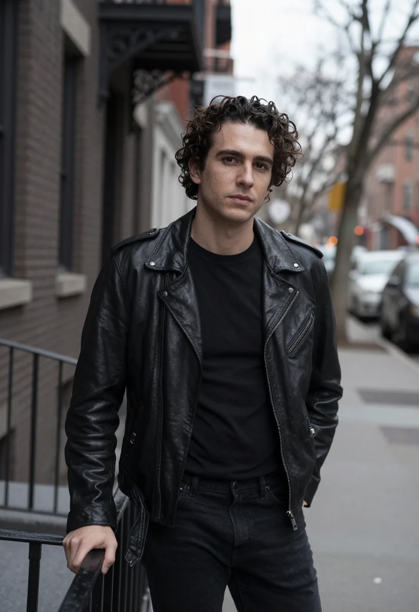 AI chelsea hotel november leather black sample — portrait of a man, framed chest-up, cropped at the ribs, the