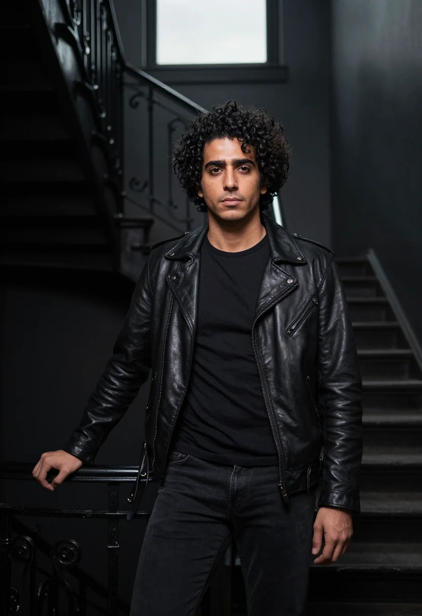 AI chelsea hotel november leather black sample — portrait of a man, framed three-quarter length from the head