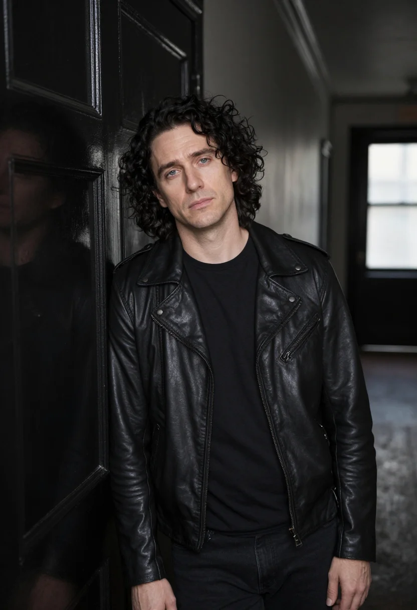 AI chelsea hotel november leather black sample — portrait of a man, framed tight, head and shoulders, the bod