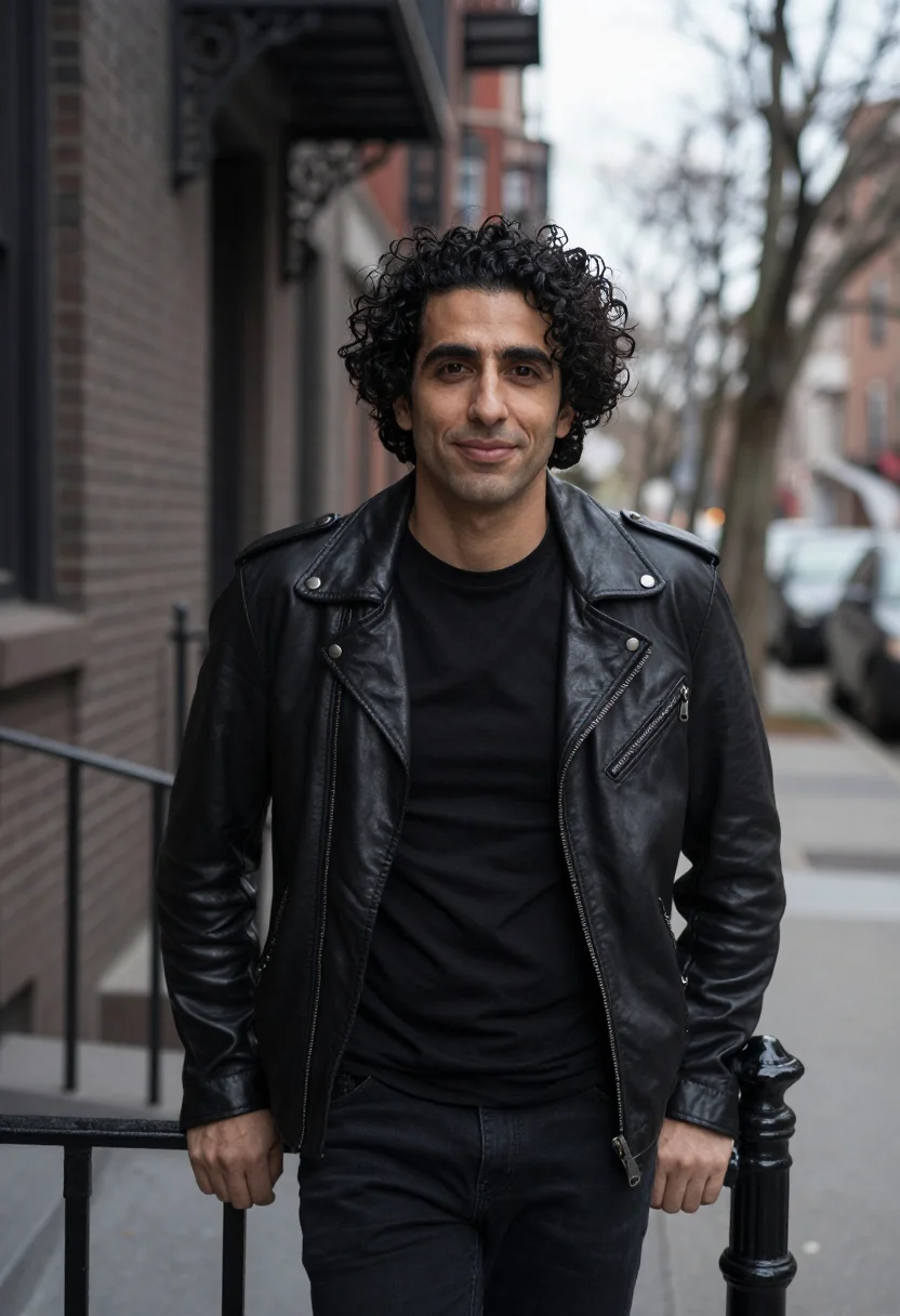 AI chelsea hotel november leather black sample — portrait of a man, framed tight, head and shoulders, the bod