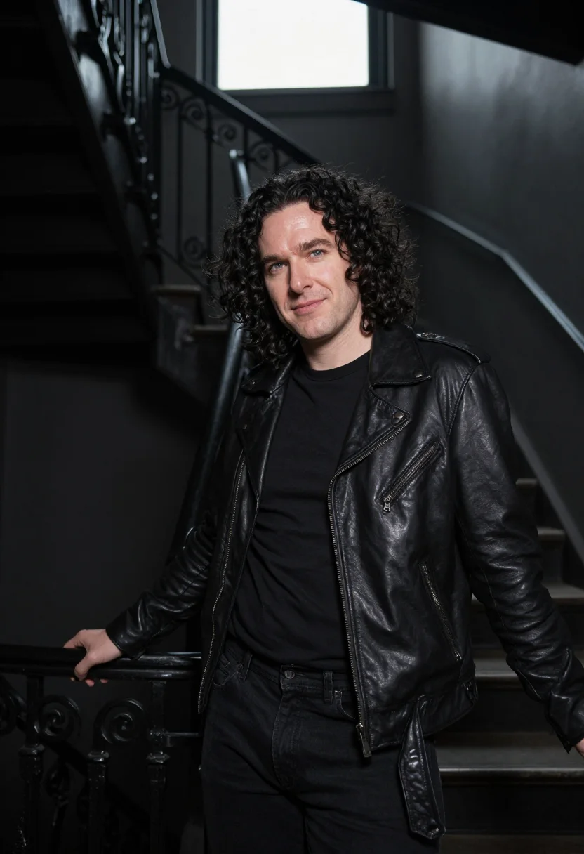 AI chelsea hotel november leather black sample — portrait of a man, framed chest-up, cropped at the ribs, the