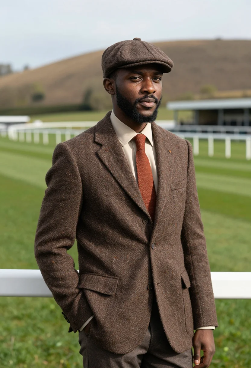 AI cheltenham gold cup tweed brown sample — portrait of a man, a racegoer in his early thirties of Ghana