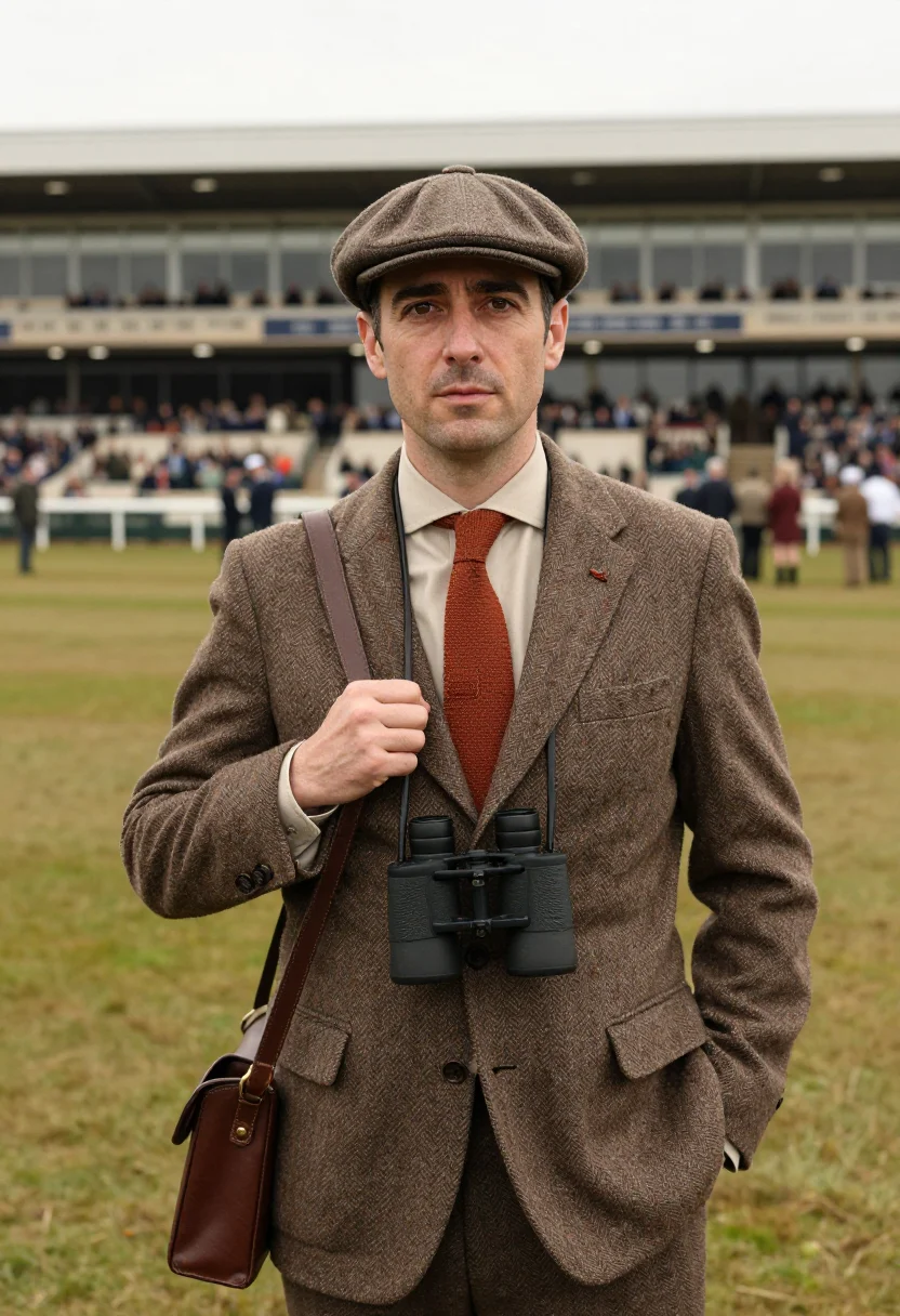 AI cheltenham gold cup tweed brown sample — portrait of a man, a racegoer in his early fifties of Italia