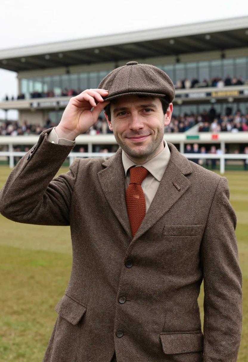AI cheltenham gold cup tweed brown sample — portrait of a man, a racegoer in his late thirties of Welsh