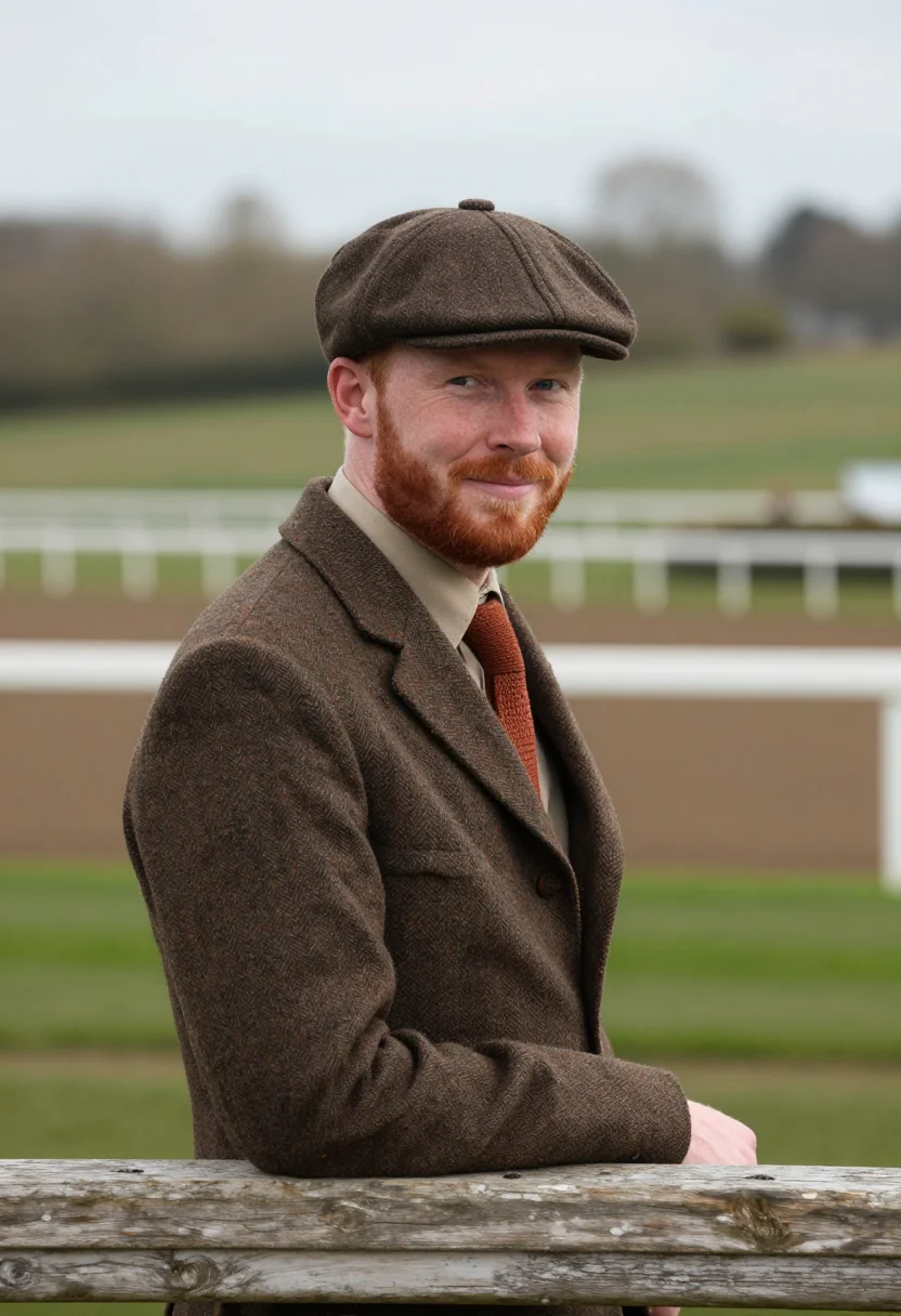 AI cheltenham gold cup tweed brown sample — portrait of a man, a racegoer in his mid-thirties of Scottis