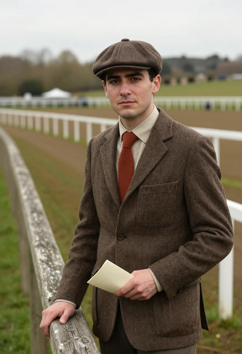 AI cheltenham gold cup tweed brown sample — portrait of a man, a racegoer in his late twenties of French