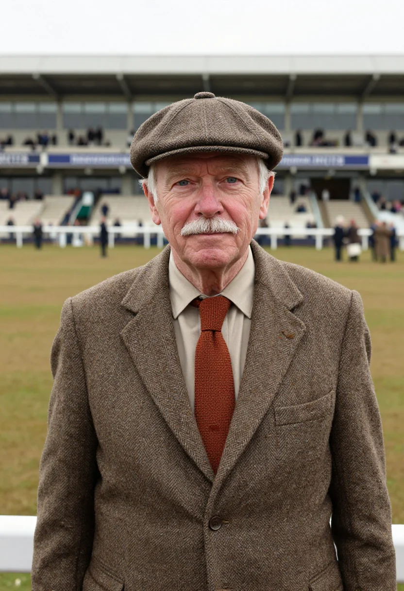 AI cheltenham gold cup tweed brown sample — portrait of a man, a racegoer in his sixties of English desc
