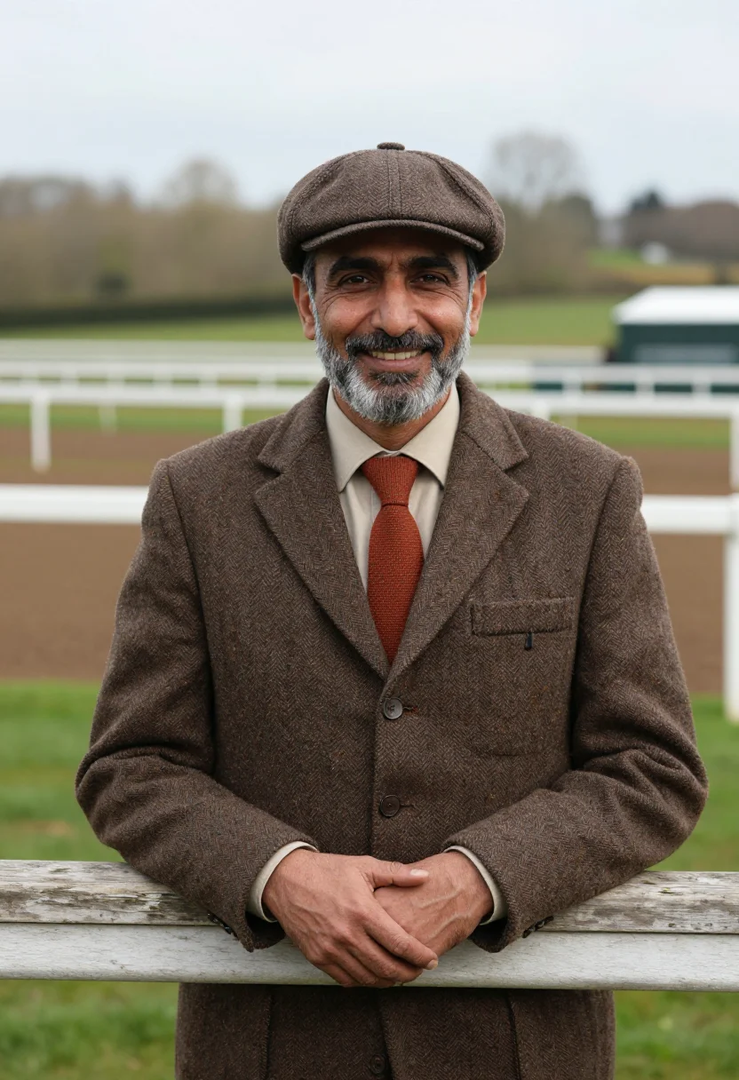 AI cheltenham gold cup tweed brown sample — portrait of a man, a racegoer in his late forties of Punjabi