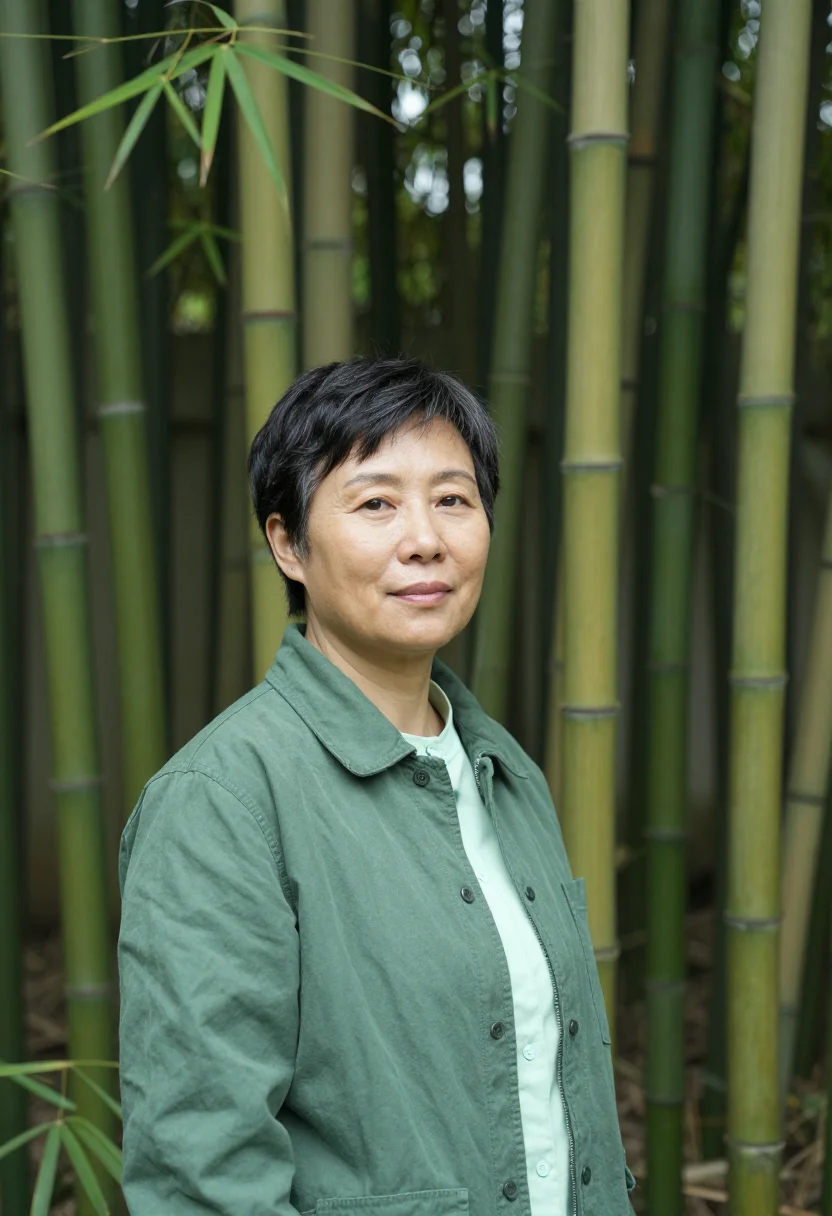 AI chengdu panda vet bamboo green sample — portrait of a woman, a veterinarian in her late forties of H