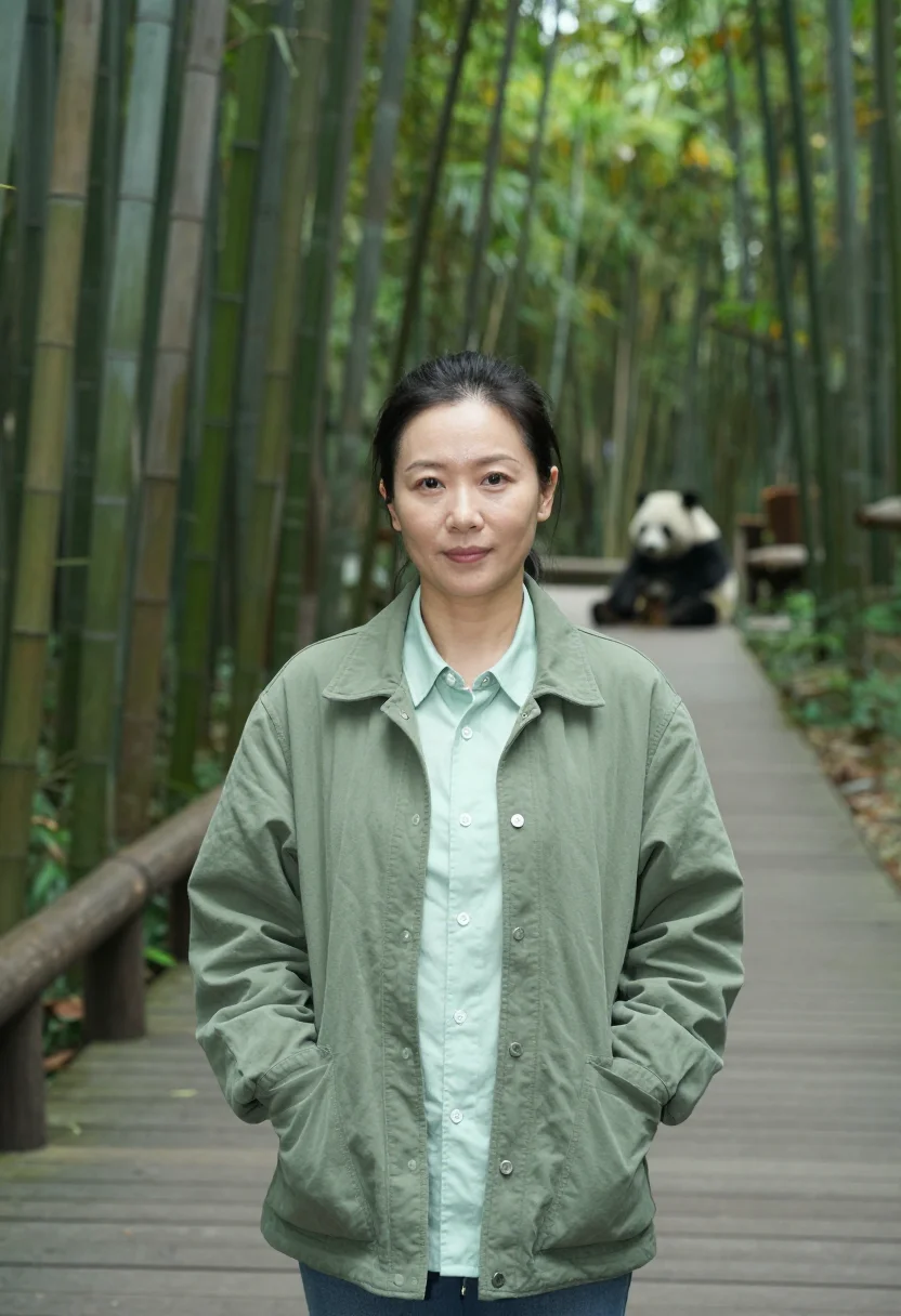 AI chengdu panda vet bamboo green sample — portrait of a woman, a veterinarian in her mid-forties of Si