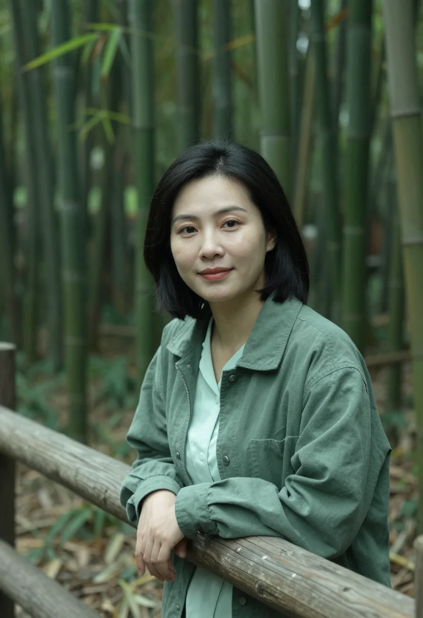 AI chengdu panda vet bamboo green sample — portrait of a woman, a veterinarian in her early forties of