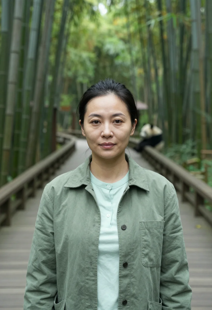 AI chengdu panda vet bamboo green sample — portrait of a woman, a veterinarian in her early thirties of