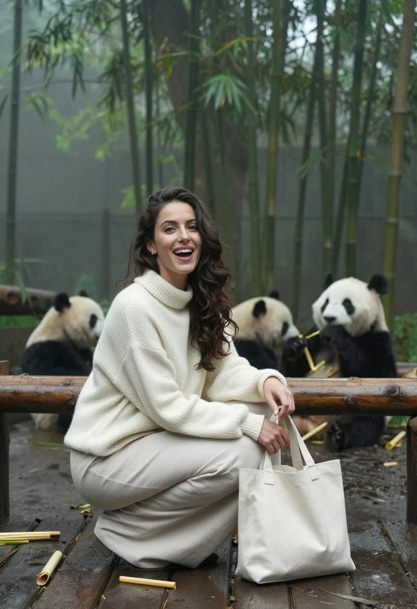 AI chengdu pandas sample — portrait of a woman, crouched three-quarter portrait of a So