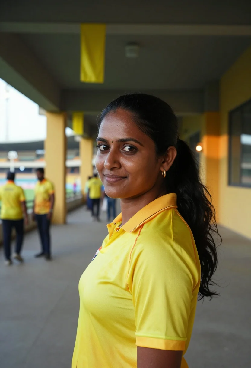 AI chepauk chennai yellow sample — portrait of a woman, a Tamil cricket fan in her early thirti