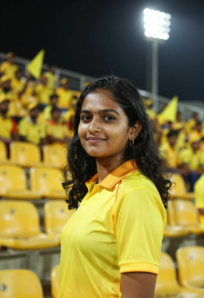 AI chepauk chennai yellow sample — portrait of a woman, a Tamil cricket fan in her early twenti