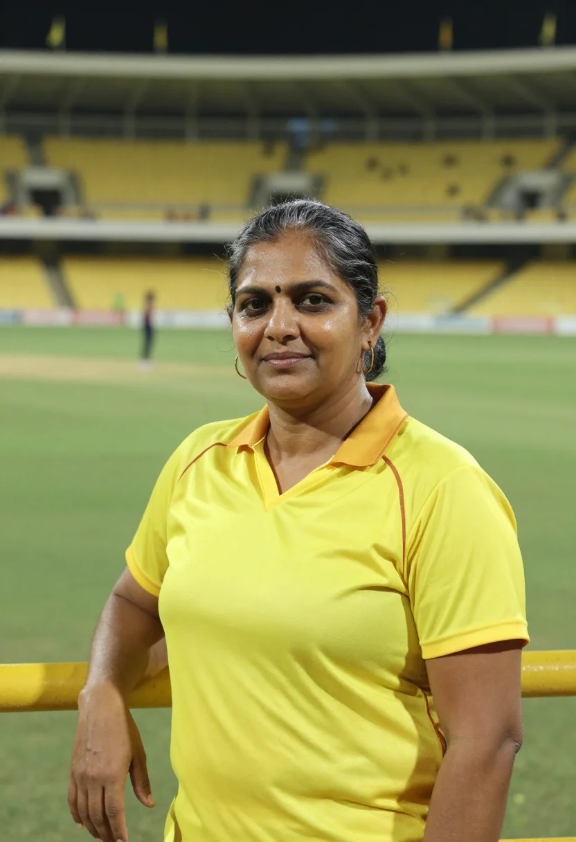 AI chepauk chennai yellow sample — portrait of a woman, a Tamil cricket fan in her mid-forties