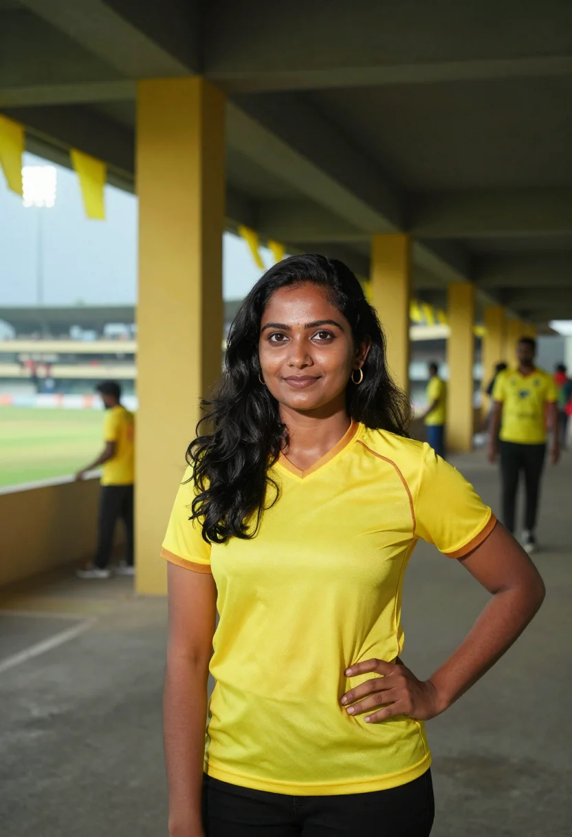 AI chepauk chennai yellow sample — portrait of a woman, a Sri-Lankan Tamil cricket fan in her m
