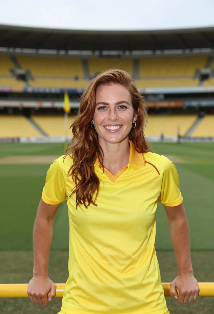 AI chepauk chennai yellow sample — portrait of a woman, a Western-European cricket fan in her l