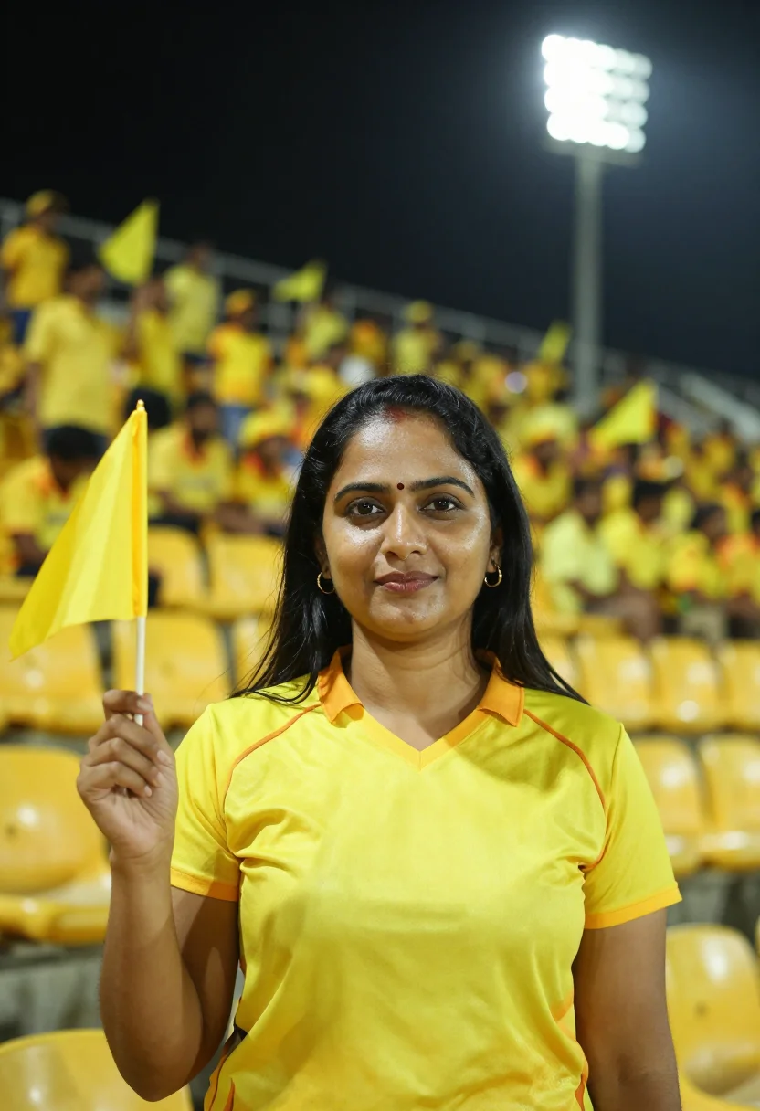 AI chepauk chennai yellow sample — portrait of a woman, a Telugu cricket fan in her mid-thirtie