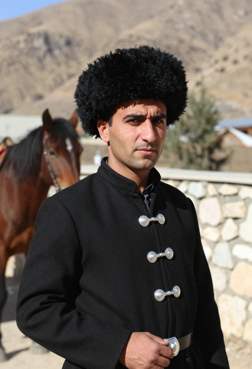 AI cherkeska papakha sample — Bust-length portrait photograph of a Circassian man with war