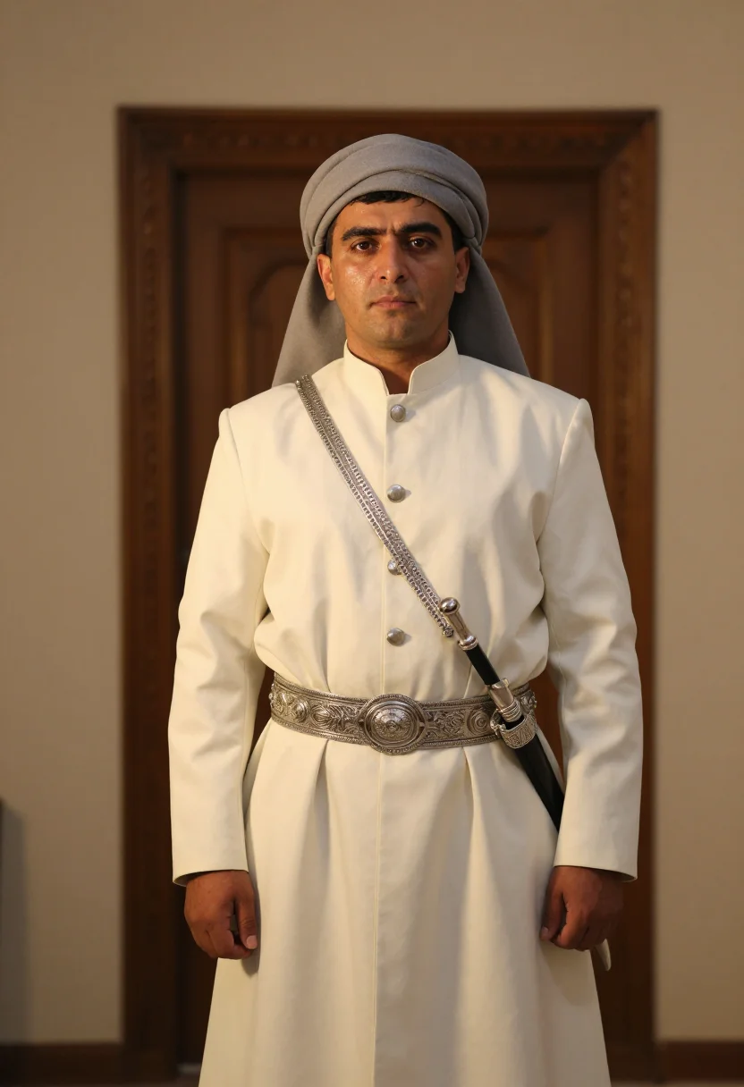 AI cherkeska papakha sample — Three-quarter-length formal portrait photograph of a Circass