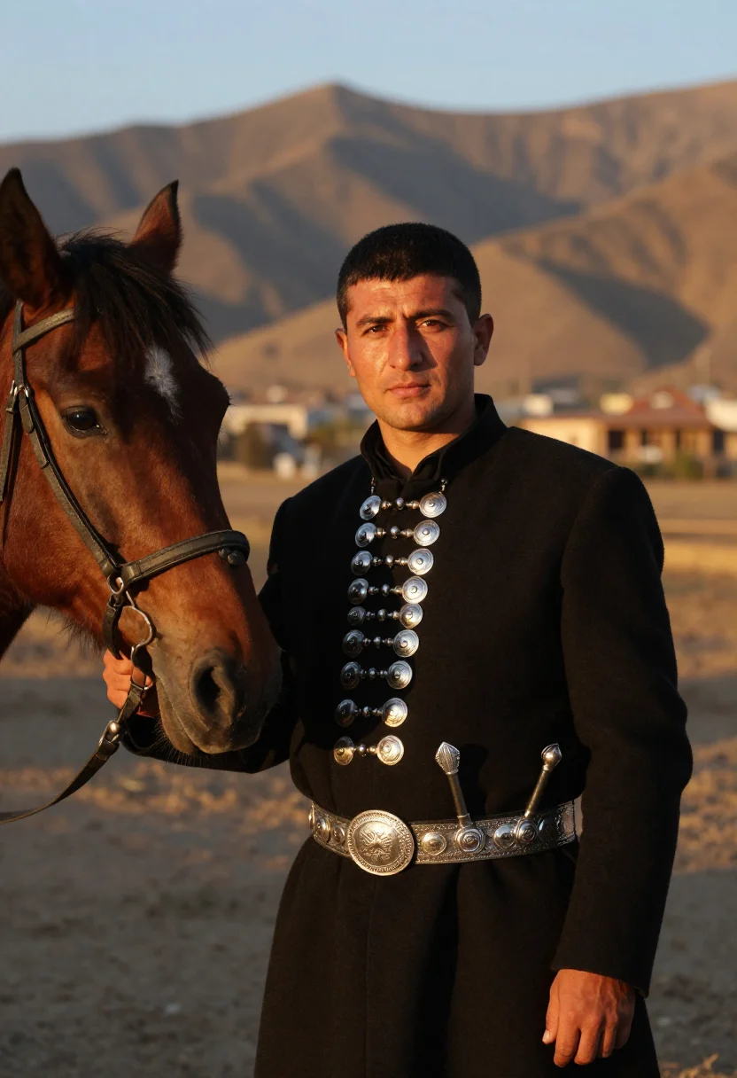AI cherkeska papakha sample — Half-length portrait photograph of a Circassian man with sun