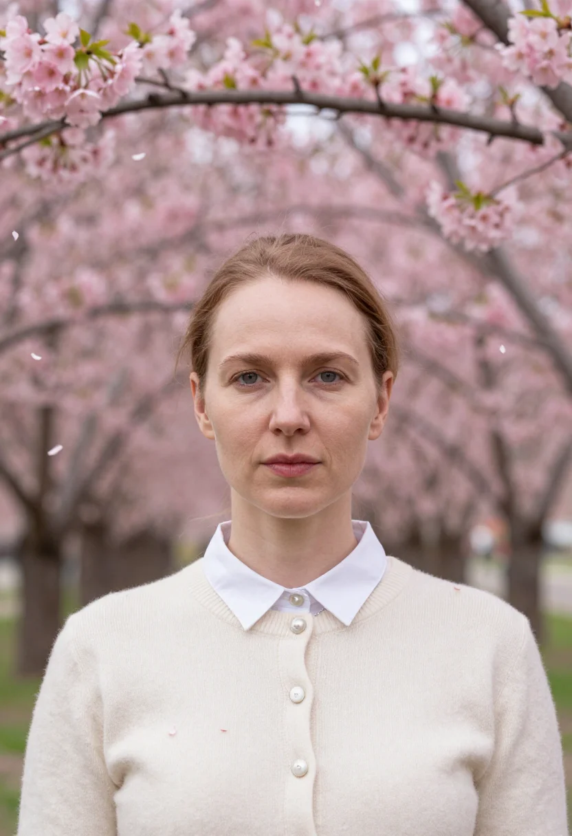 AI cherry blossom sample — portrait of a woman, head-and-shoulders portrait of a Wester