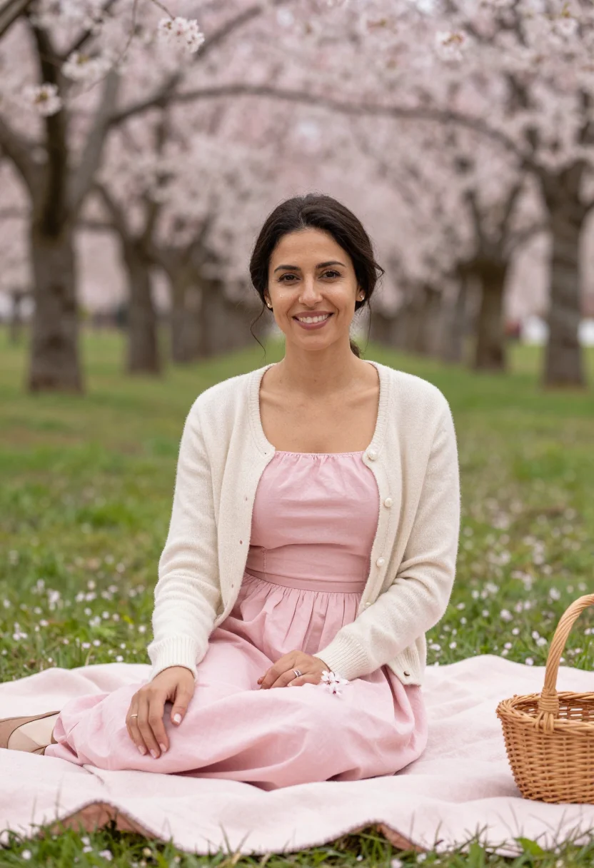 AI cherry orchard blossom picnic pink sample — portrait of a woman, framed half-length from the head to the