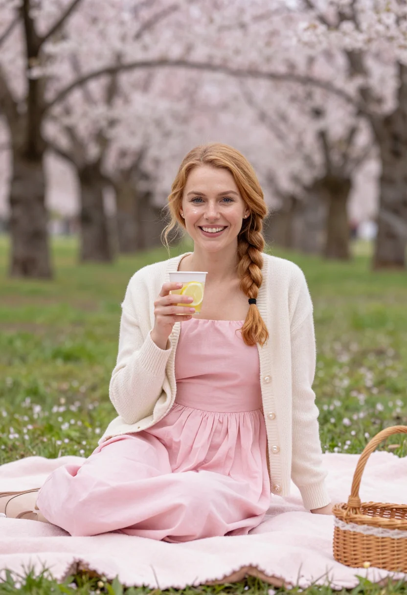 AI cherry orchard blossom picnic pink sample — portrait of a woman, framed chest-up from the head to mid-ch