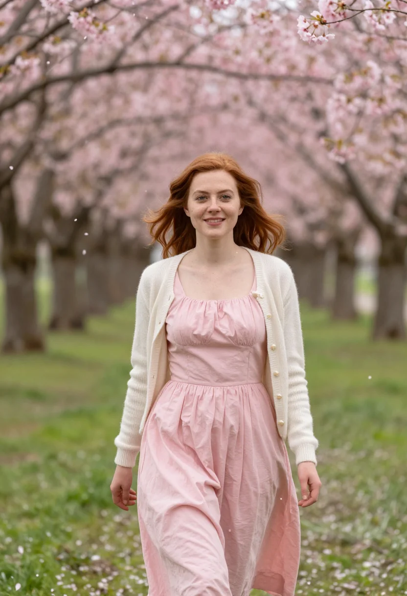 AI cherry orchard blossom picnic pink sample — portrait of a woman, framed half-length from the head to the