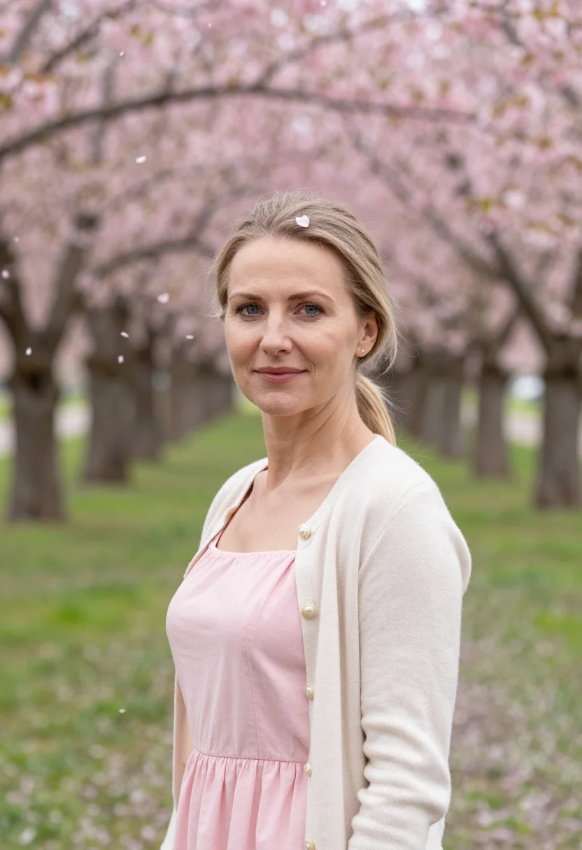AI cherry orchard blossom picnic pink sample — portrait of a woman, framed tight, head and shoulders, the b
