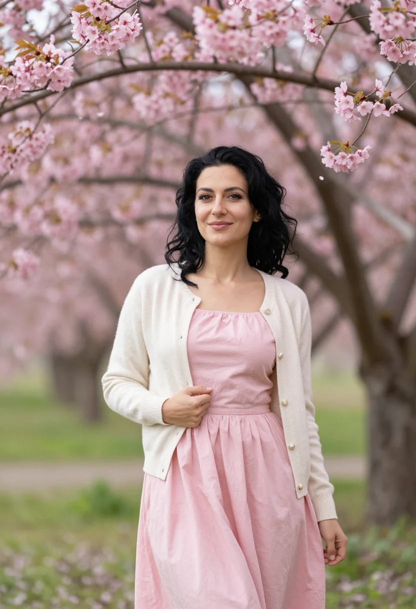 AI cherry orchard blossom picnic pink sample — portrait of a woman, framed half-length from the head to the