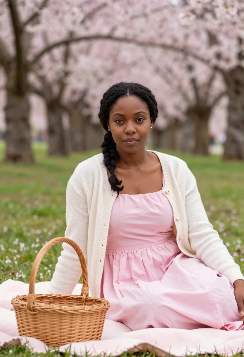 AI cherry orchard blossom picnic pink sample — portrait of a woman, framed tight, head and shoulders, the b