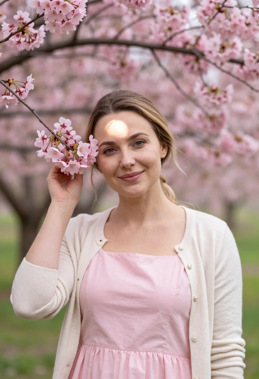 AI cherry orchard blossom picnic pink sample — portrait of a woman, framed chest-up from the head to mid-ch