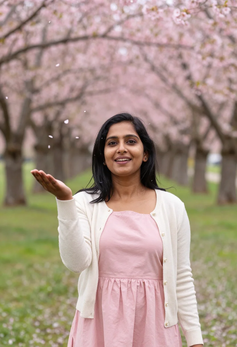 AI cherry orchard blossom picnic pink sample — portrait of a woman, framed chest-up from the head to mid-ch