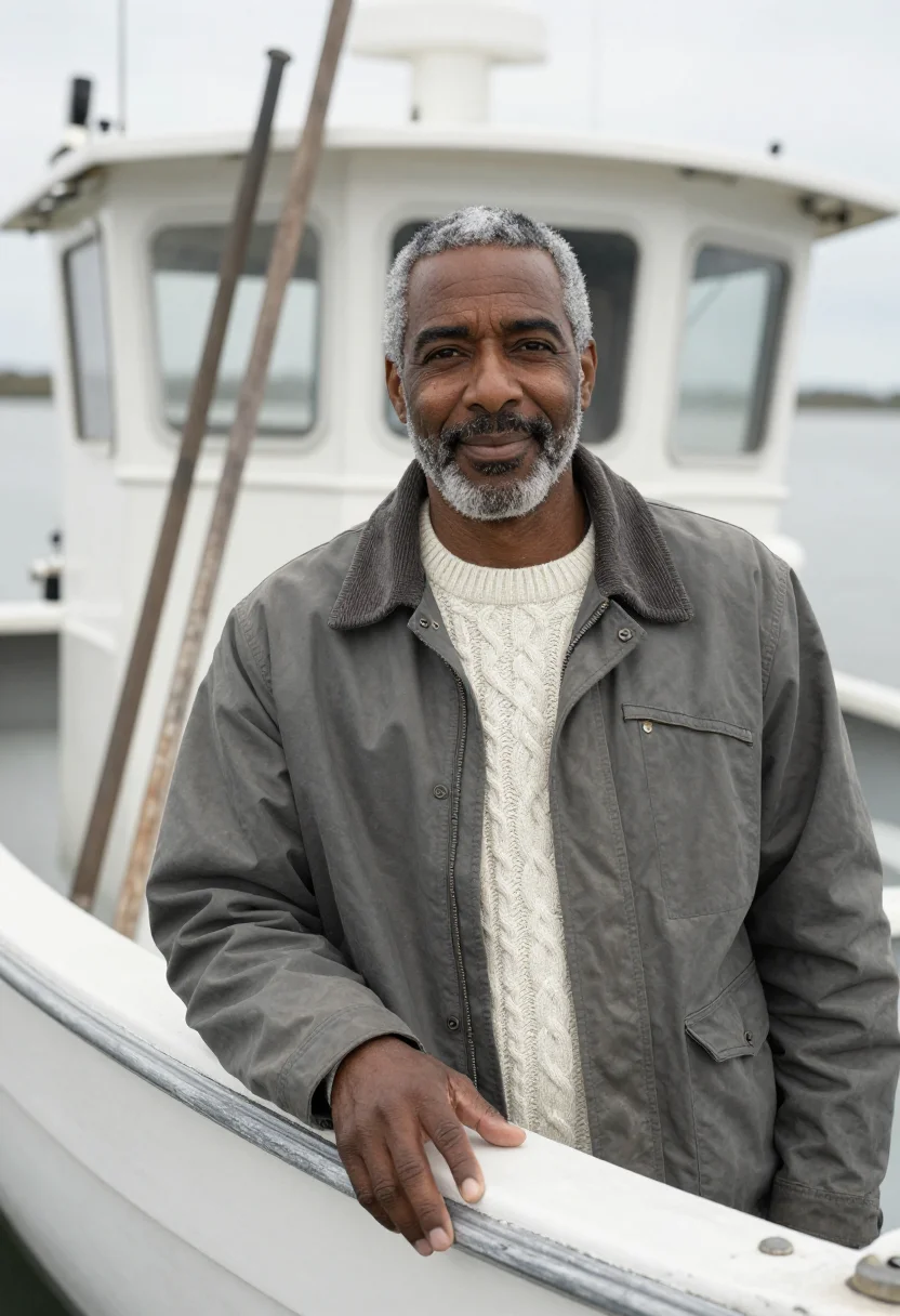 AI chesapeake waterman oyster grey sample — portrait of a man, Black American, in his early fifties, wit