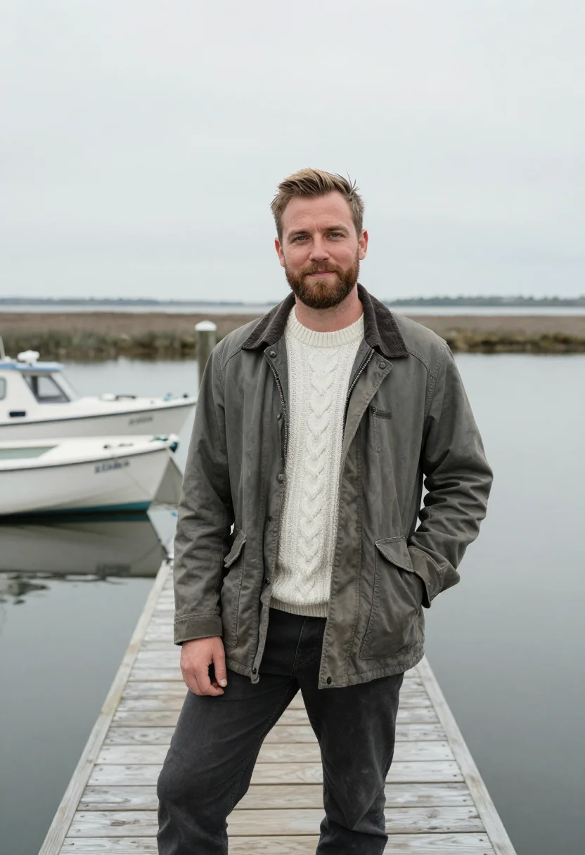 AI chesapeake waterman oyster grey sample — portrait of a man, white American, in his late thirties, wit