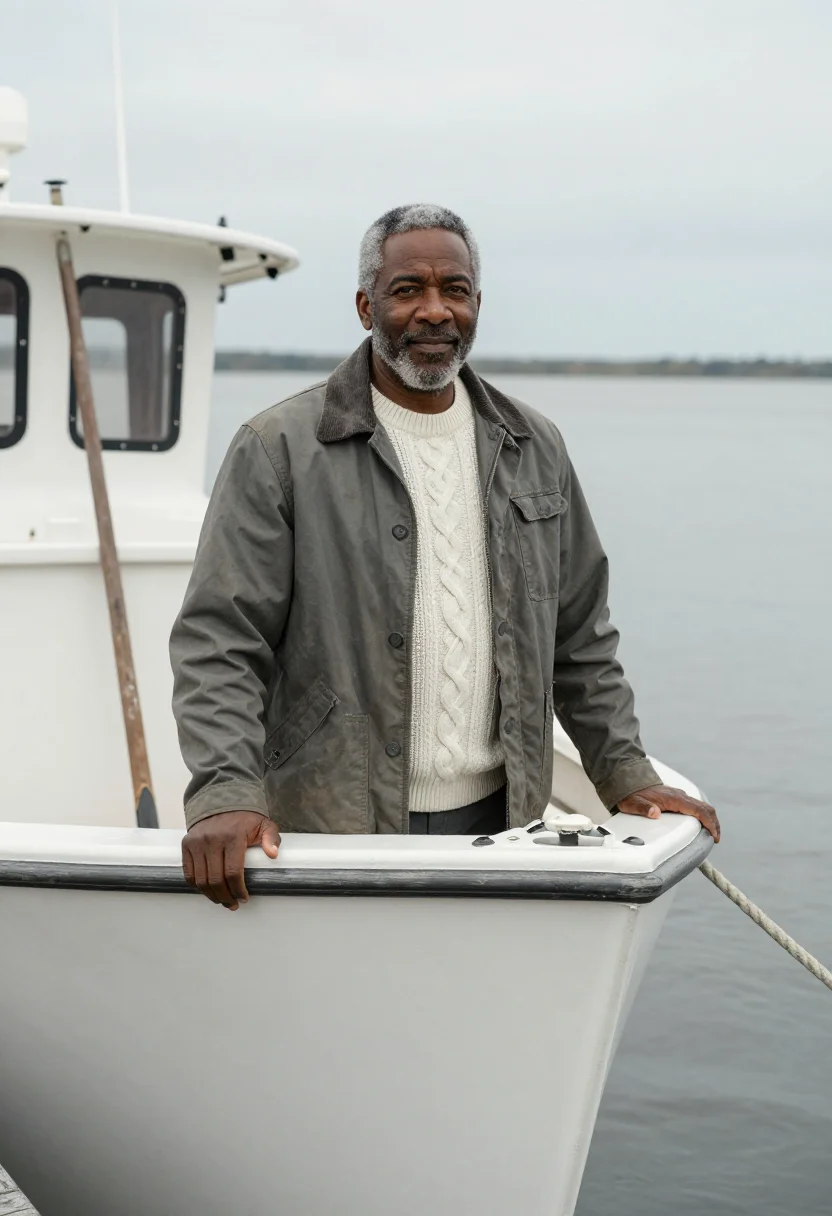 AI chesapeake waterman oyster grey sample — portrait of a man, Black American, in his early fifties, wit