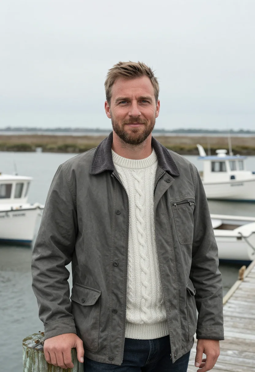 AI chesapeake waterman oyster grey sample — portrait of a man, white American, in his late thirties, wit