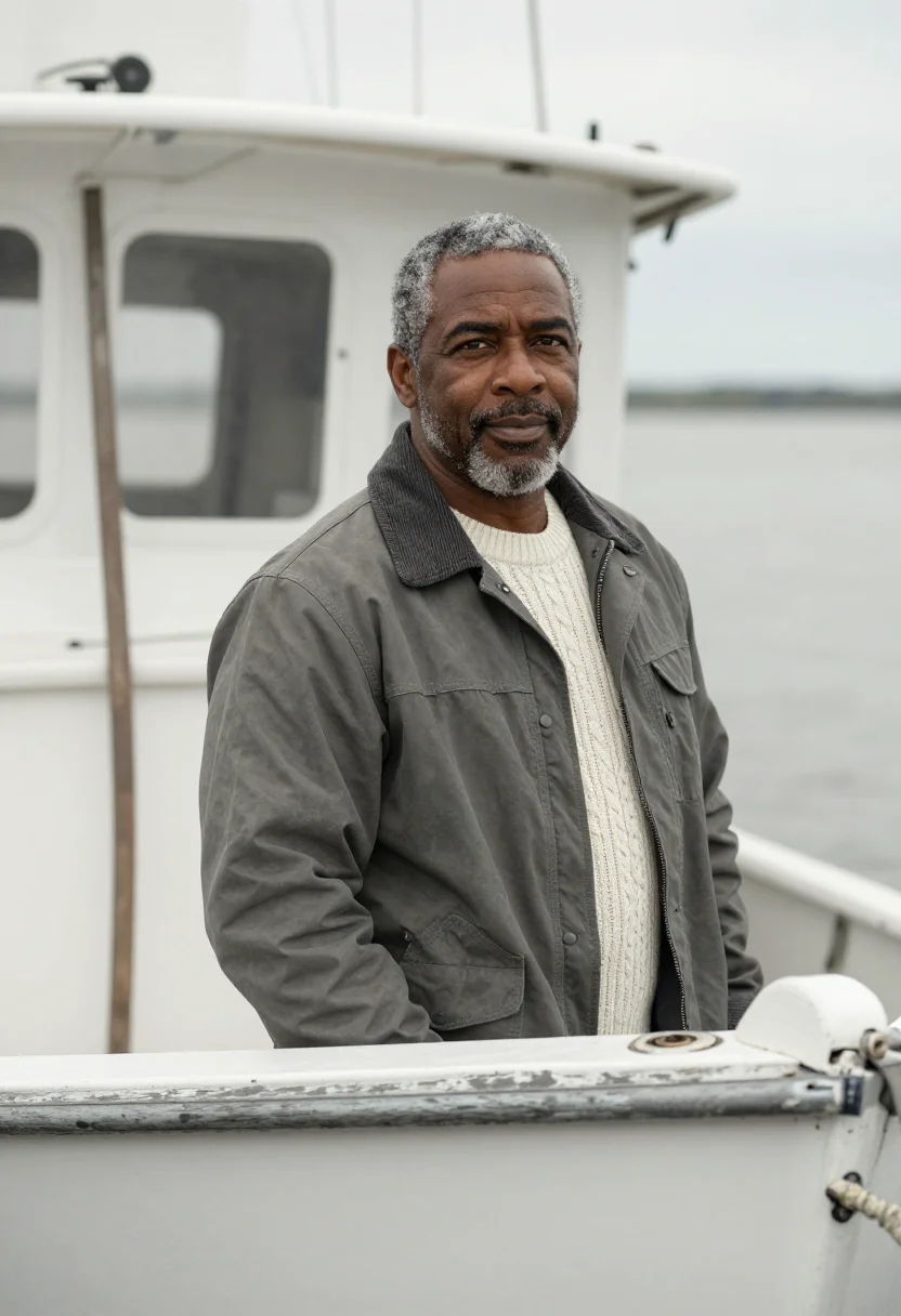 AI chesapeake waterman oyster grey sample — portrait of a man, Black American, in his early fifties, wit