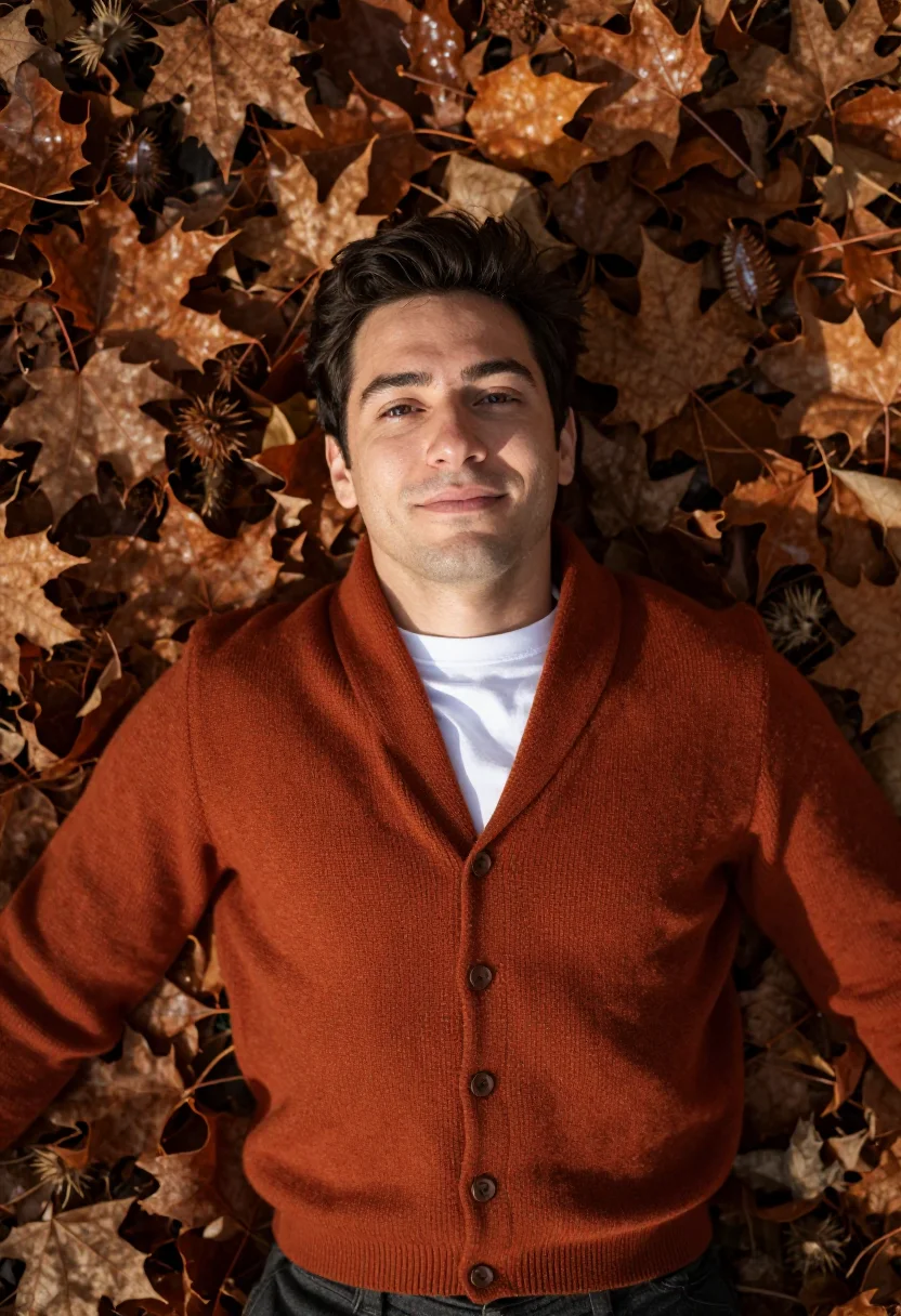AI chestnut leaf headshot rust sample — portrait of a man, framed chest-up from directly above, crop